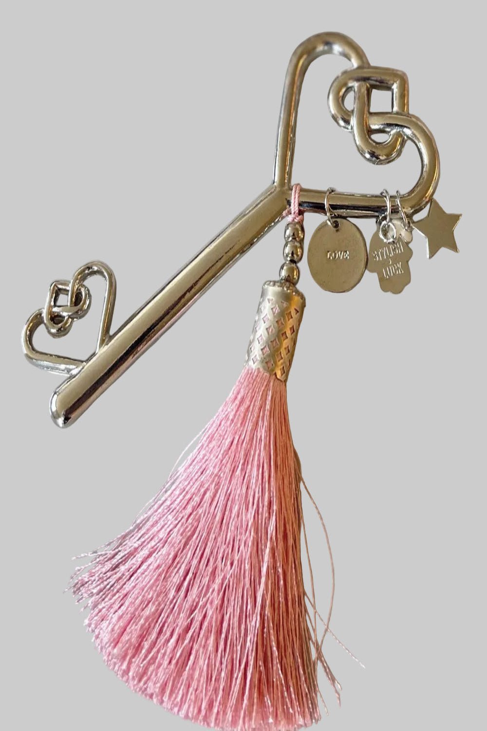 Lucky Key Wall Hanging in Silver with Pink Tassel - Stylish Luck Home Decor | Hamsa \ Hand Of Fatima | Good Luck Gifts