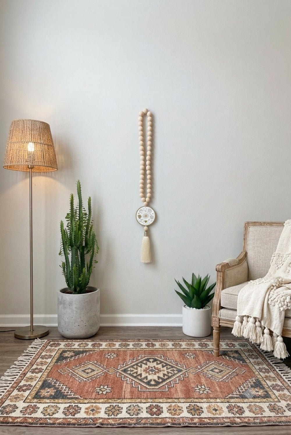 Wood Bead Wall Hanging with Lucky Charm Coin and Silk Tassel - Stylish Luck Home Decor | Hamsa \ Hand Of Fatima | Good Luck Gifts