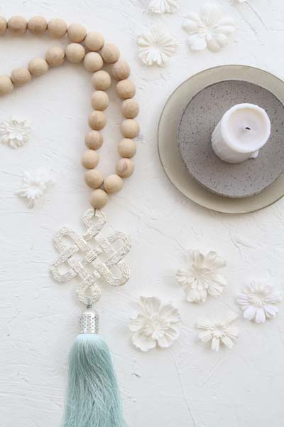 Boho home jewelry wood beads strung with silver plated endless love knot. - stylish luck home decore