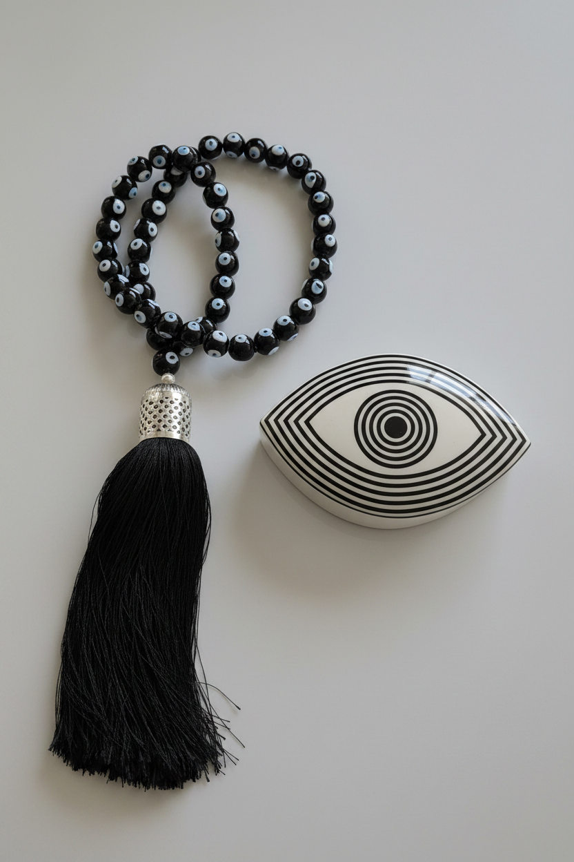 Evil eye bead strand • Black evil eye • Glass bead evil eye • Handmade evil eye • Misbaha beads • Modern prayer beads • Table decor evil eye • Boho home decor • Evil eye protection • Middle Eastern home decor • Housewarming gift • Meaningful gift • Stylish Luck • Made in Israel
שרשרת עין הרע • חרוזי עין • קישוט שולחן • אובייקט עיצובי • חרוזי זכוכית בעבודת יד • מסבחה מודרנית • שמירה מעין הרע • עיצוב הבית • חפצי נוי • מתנה לחנוכת בית • מתנה משמעותית • סמלי מזל • Stylish Luck • מיוצר בישראל