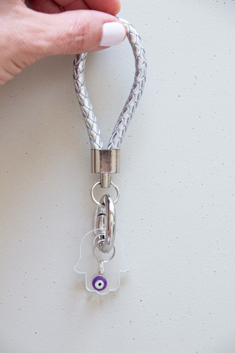 Weaving Tubular loop with Clear Hamsa & enamel evil eye for keychain and bag accessories. - Stylish Luck Home Decor | Hamsa \ Hand Of Fatima | Good Luck Gifts