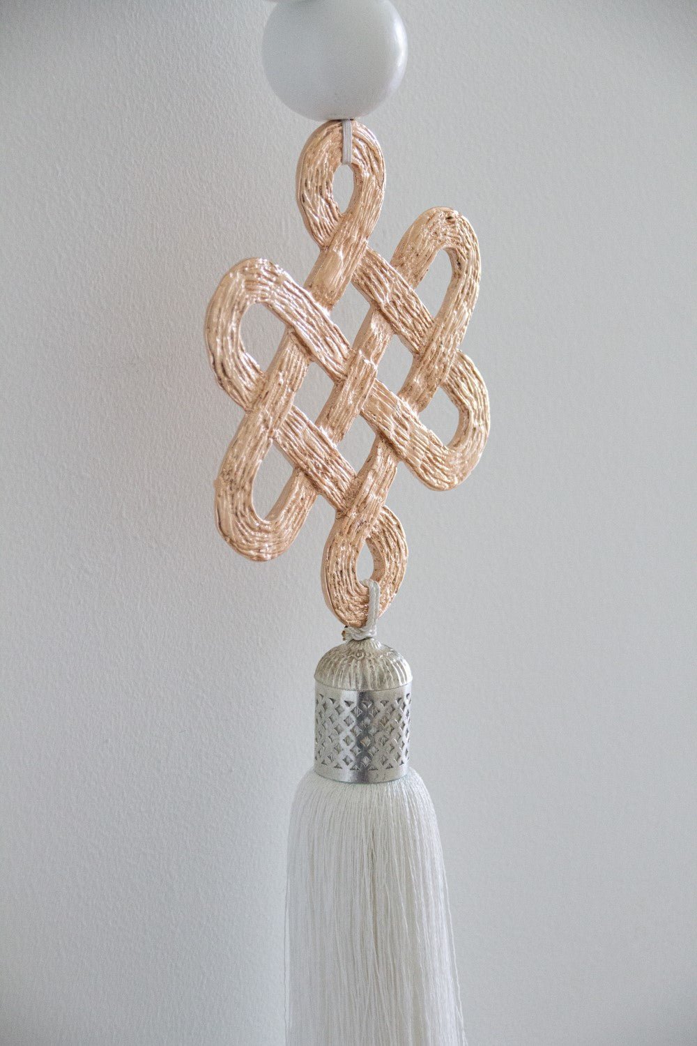 White wood Beads Wall Décor with Endless Love Metal Charm and Silk Tassel - Stylish Luck Home Decor | Hamsa \ Hand Of Fatima | Good Luck Gifts