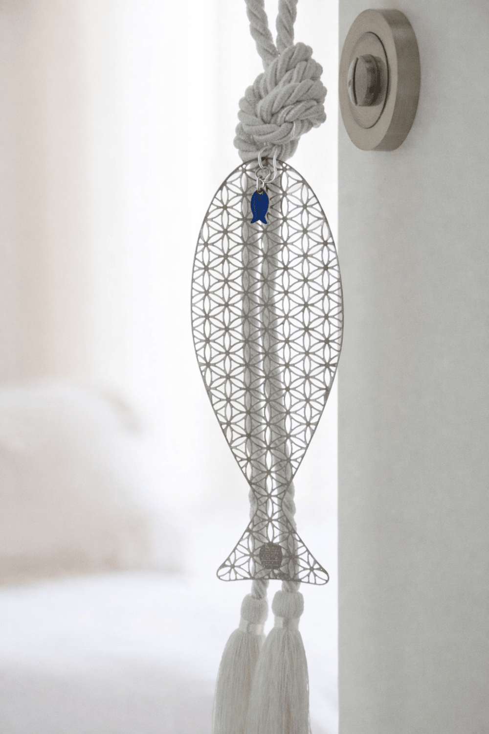 Flower of Life Fish Wall Hanging in Gold with Taupe Silk Tassel - Stylish Luck Home Decor | Hamsa \ Hand Of Fatima | Good Luck Gifts