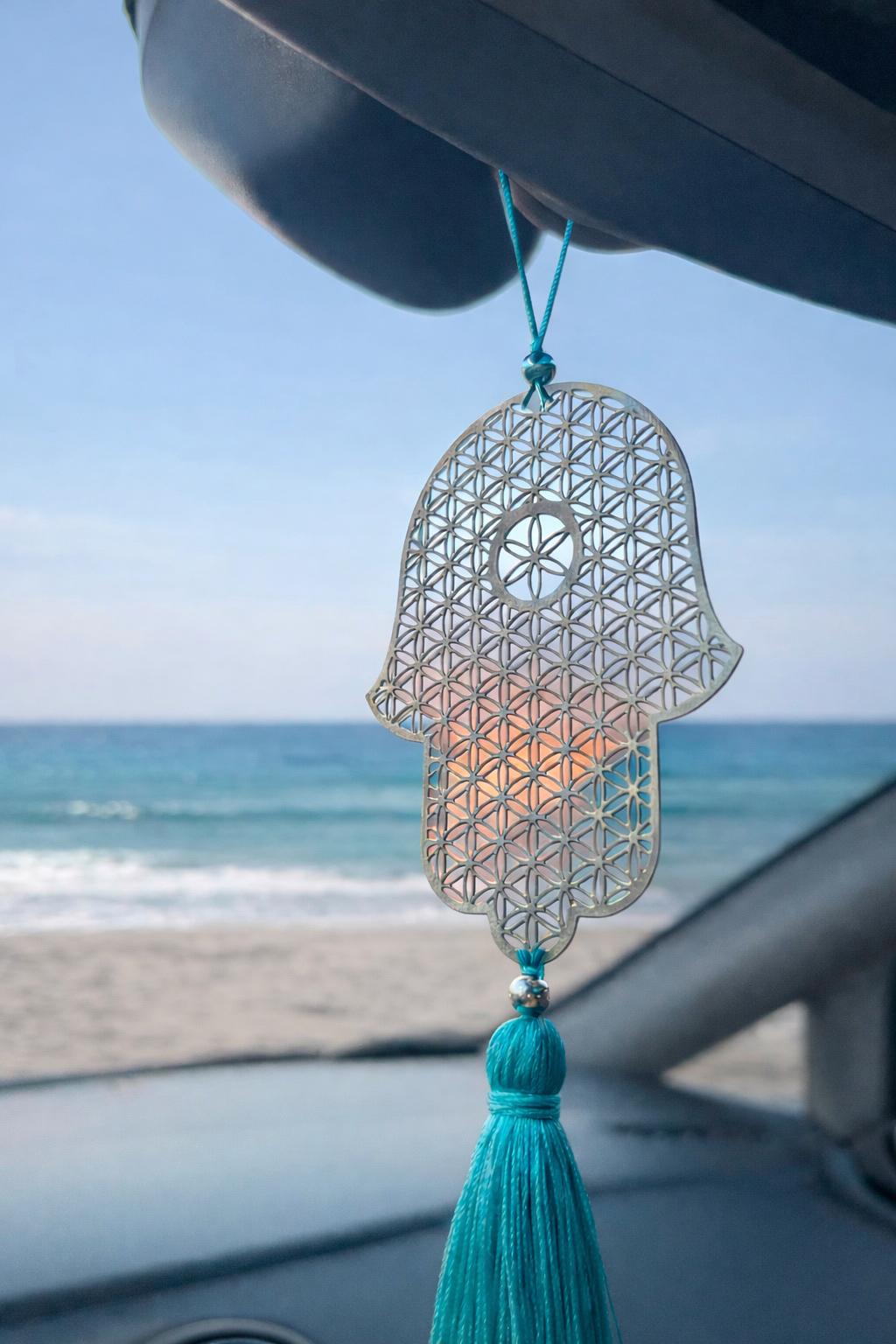 Hamsa metal Car Charm with Turquoise Tassel - Stylish Luck Home Decor | Hamsa \ Hand Of Fatima | Good Luck Gifts