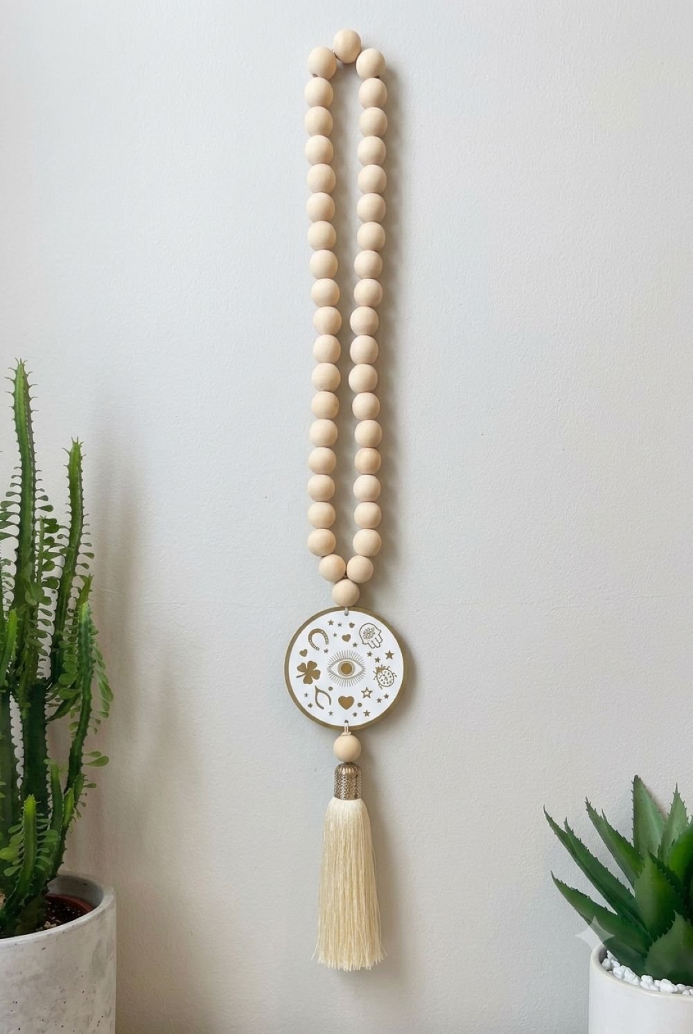 Wood Bead Wall Hanging with Lucky Charm Coin and Silk Tassel - Stylish Luck Home Decor | Hamsa \ Hand Of Fatima | Good Luck Gifts