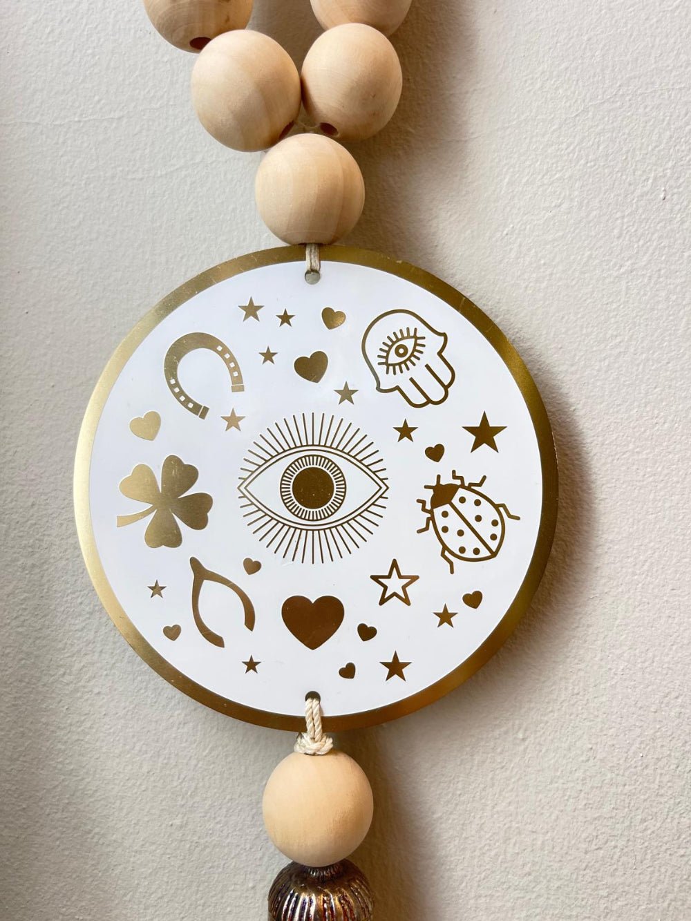 Wood Bead Wall Hanging with Lucky Charm Coin and Silk Tassel - Stylish Luck Home Decor | Hamsa \ Hand Of Fatima | Good Luck Gifts