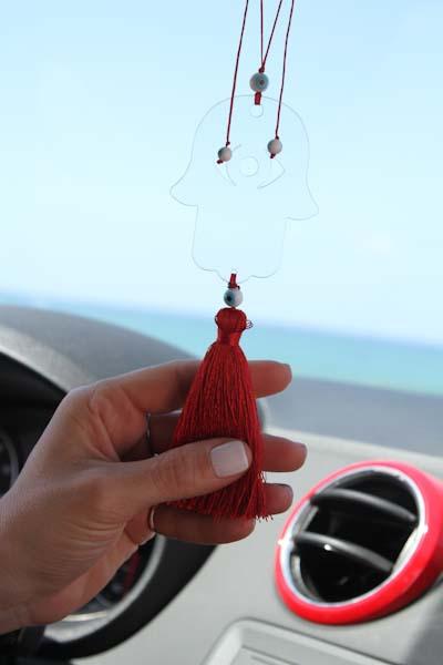 Clear acrylic car charm Hamsa Hanging with white tassel - stylish luck home  decor תליון רכב • תליון רכב חמסה • חמסה לרכב • שמירה לרכב • תליון לרכב מעוצב • עין לרכב • סמלי מזל • מתנה לרכב חדש • מתנה לנהג חדש • Stylish Luck • מיוצר בישראל
